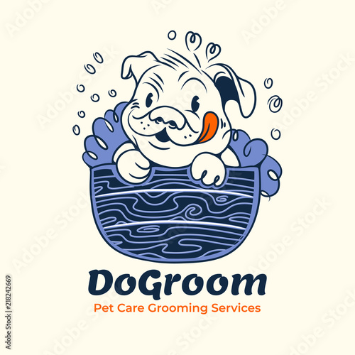 Retro dog grooming logo. Dog in the bath clean. Pet washing vector illustration