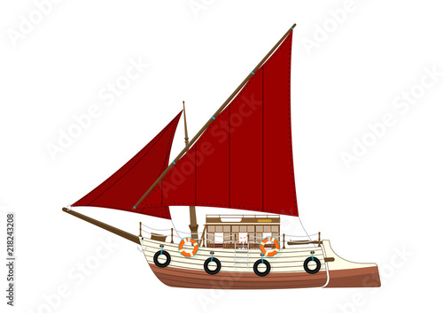 Cartoon felucca. Side view of a retro Egyptian sailing boat. Flat vector.