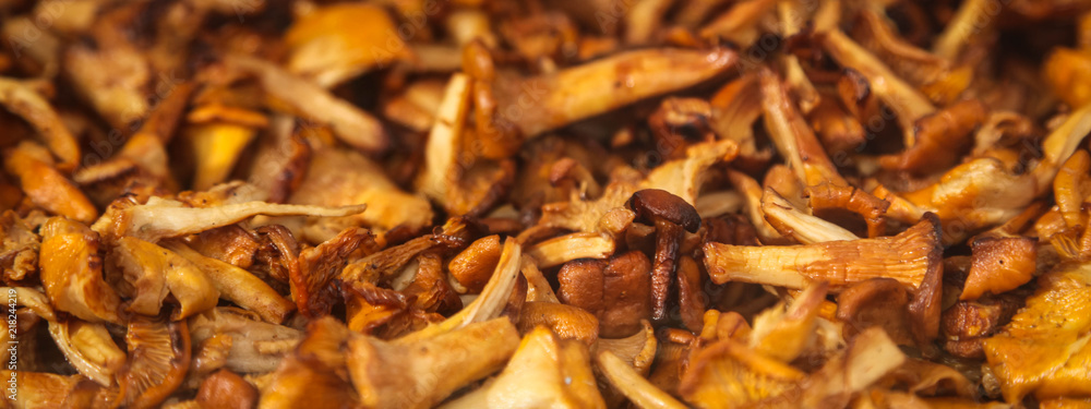 Fried in oil mushrooms chanterelles, texture close-up