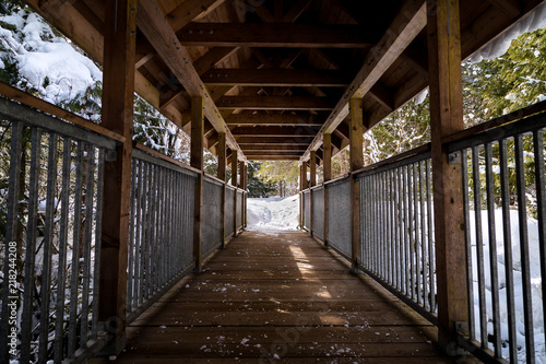 Covered wooden bridge at Brandywine Falls Provincial Park.