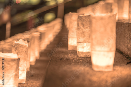 Photography Handmade japanese rice paper lanterns illuminating the steps of the Zojoji temple near the Tokyo Tower during Tanabata Day on July 7th