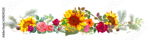 Horizontal autumn’s border: sunflowers, pink, red roses, daisy flowers, pine branches, cones on white background. Digital draw, illustration in watercolor style, panoramic view, vector