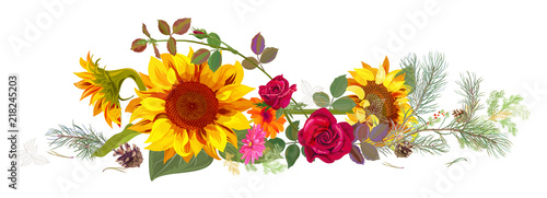 Horizontal autumn’s border: sunflowers, pink, red roses, daisy flowers, pine branches, cones on white background. Digital draw, illustration in watercolor style, panoramic view, vector