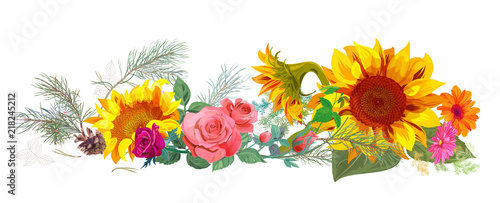 Horizontal autumn’s border: sunflowers, pink, red roses, daisy flowers, pine branches, cones on white background. Digital draw, illustration in watercolor style, panoramic view, vector