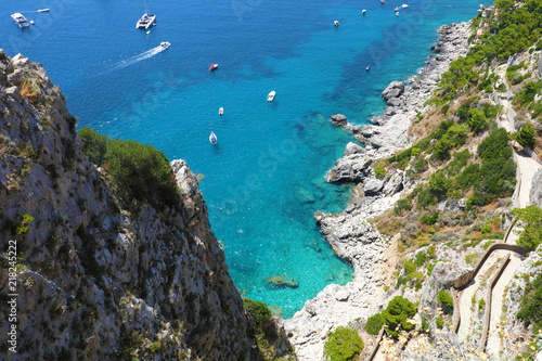 View of Via Krupp from Gardens of Augustus descending to Marina Piccola sea, Capri Island, Italy