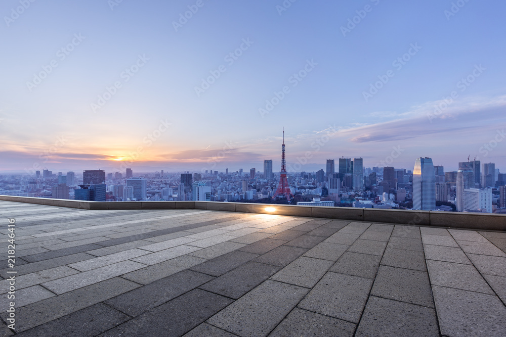 empty brick land with modern city skyline in japan