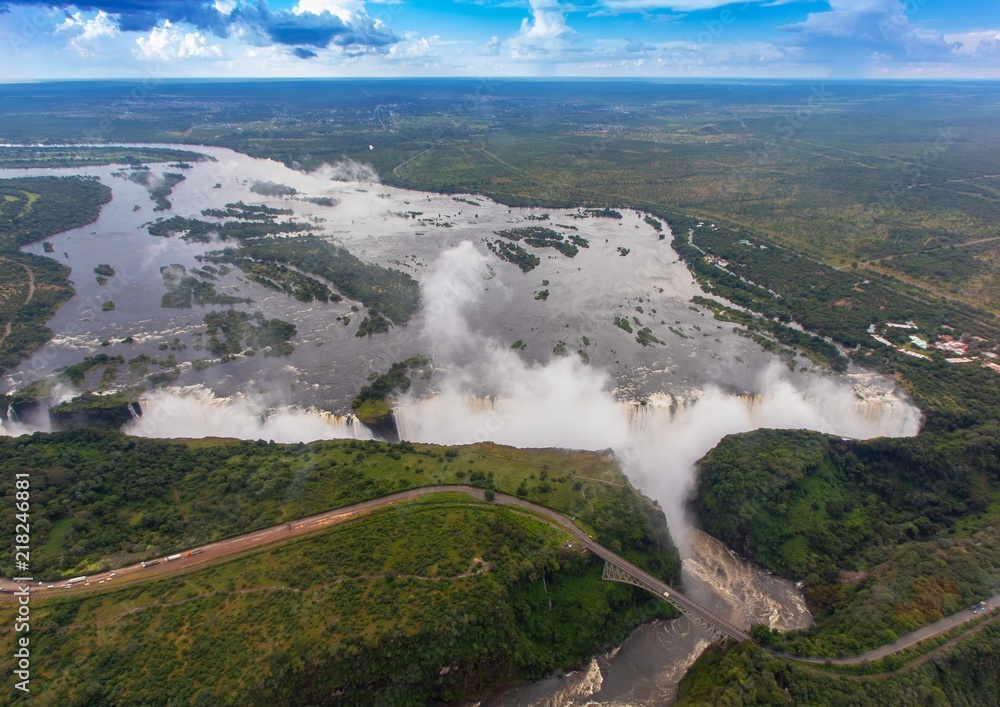 Aerial picture of the famous Victoria Falls between Zambia and Zimbabwe