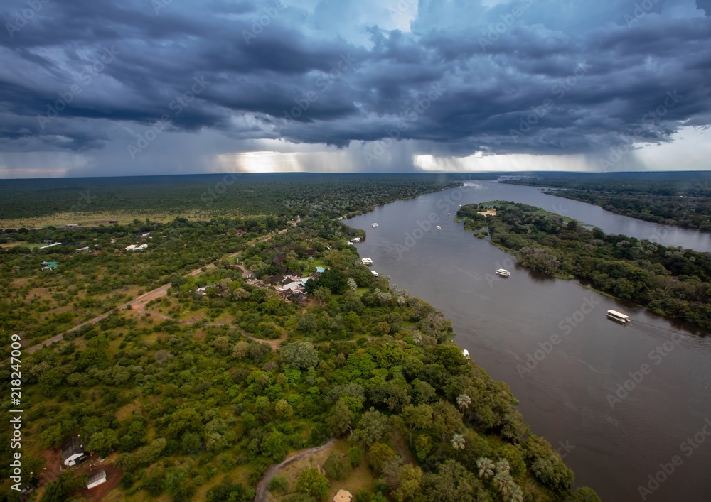 Aerial picture of the sambesi river short before the famous Victoria Falls in Zimbabwe