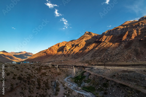 Bridge and mountains on Ruta 7 the road between Chile and Argentina through Cordillera de Los Andes - Mendoza Province, Argentina.