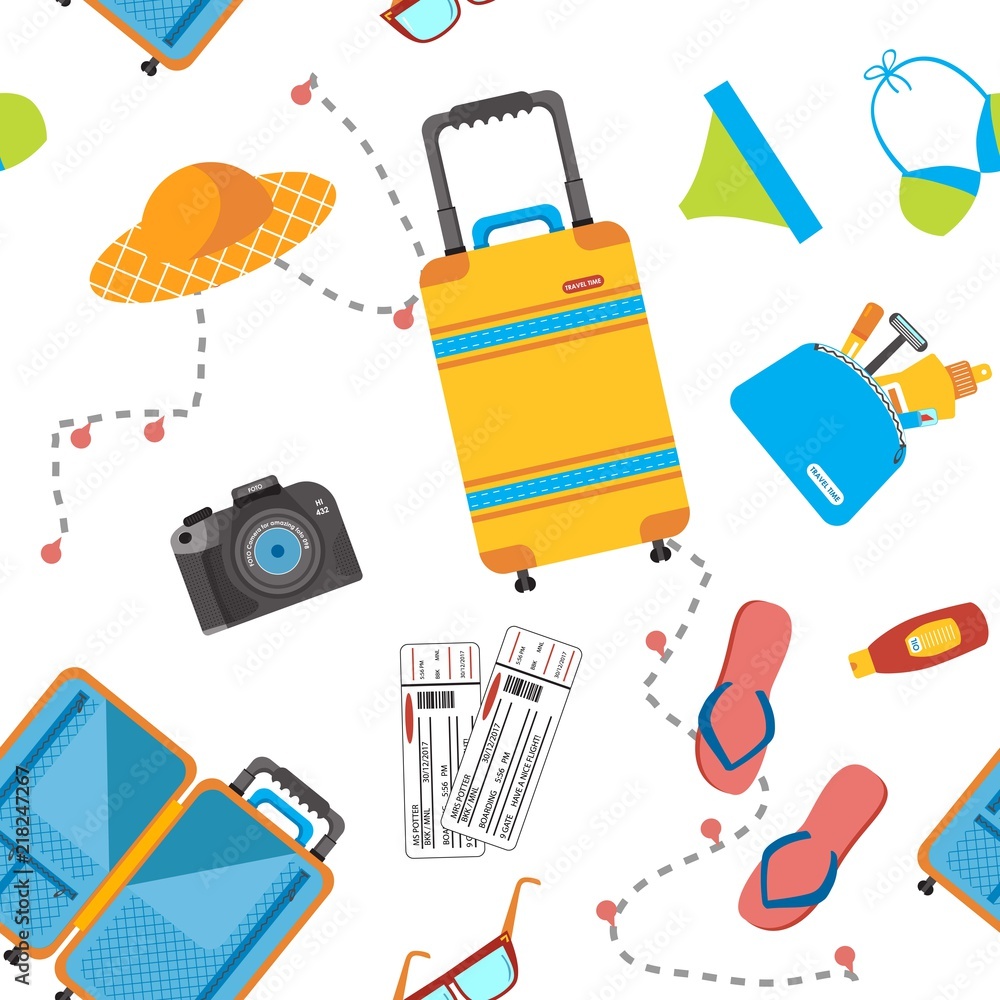 Seamless pattern with travel items including suitcase and tourist stuff