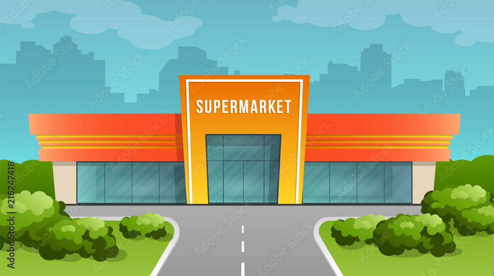 Supermarket building on the city background. Vector image in cartoon flat  style. Element of urban infrastructure. Stock Vector | Adobe Stock