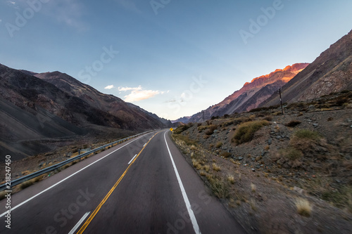 Sunset on Ruta 7 the road between Chile and Argentina through Cordillera de Los Andes - Mendoza Province, Argentina