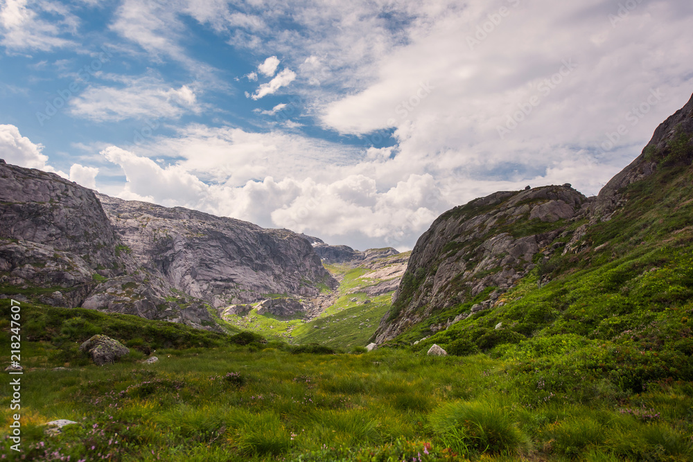 Landscape travel on the way to  the stone of the kjerag in the mountains kjeragbolten of Norway nature, mountains , the feeling of complete freedom 