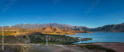 Panoramic view of Embalse Potrerillos Dam near Cordillera de Los Andes - Mendoza Province, Argentina