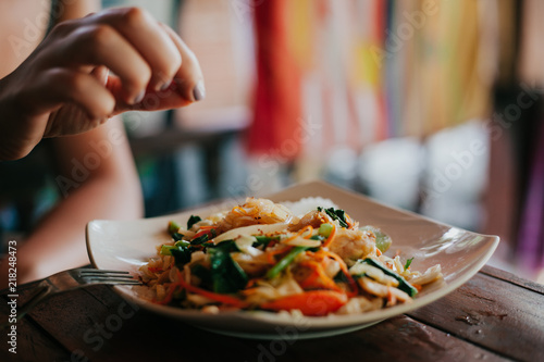 Tasty thai food with noodles and vegetables