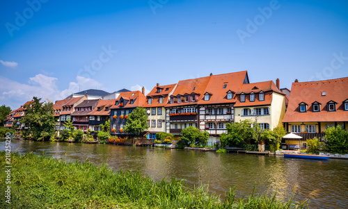 The view at the Regniz river and the Little Venice district of the old town in Bamberg, Germany