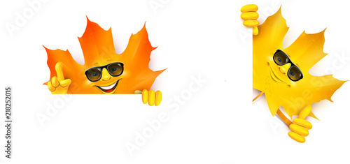 Lustige Cartoon Herbstblätter mit Sonnenbrille halten Banner - Gesten, Daumen hoch, Achtung!