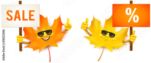 Lustige Cartoon Herbstblätter mit Sonnenbrille und Sale Schild
