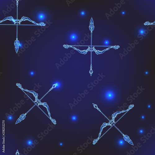 Seamless pattern, background with ethnic patterned ornate hand drawn bows and arrows in deep and light blue colors on space background with stars