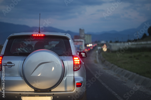 Traffic on a road in Romania, many cars driving