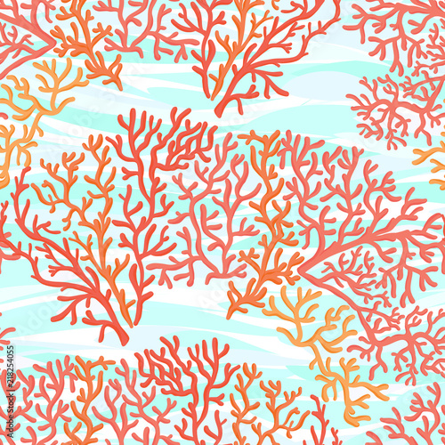 Sea world seamless pattern, background with fish, corals and shells on blue sea background. Stock vector illustration.