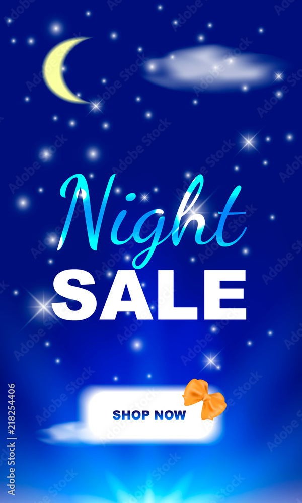 Night sale concept with a button. Evening sky with moon, stars and clouds. Vector illustration.