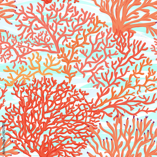 Sea world seamless pattern, background with fish, corals and shells on blue sea background. Stock vector illustration.