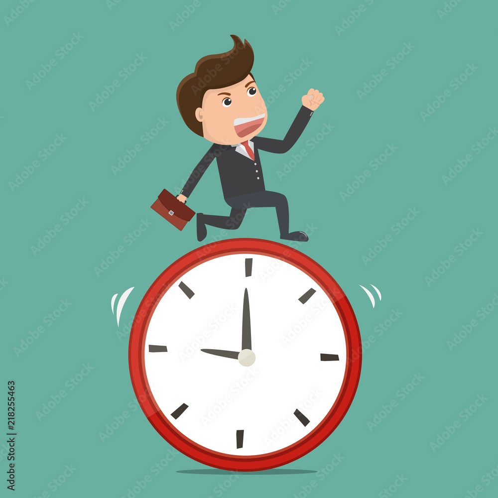 Businessman running with clock. Business time concepts.Vector illustration.