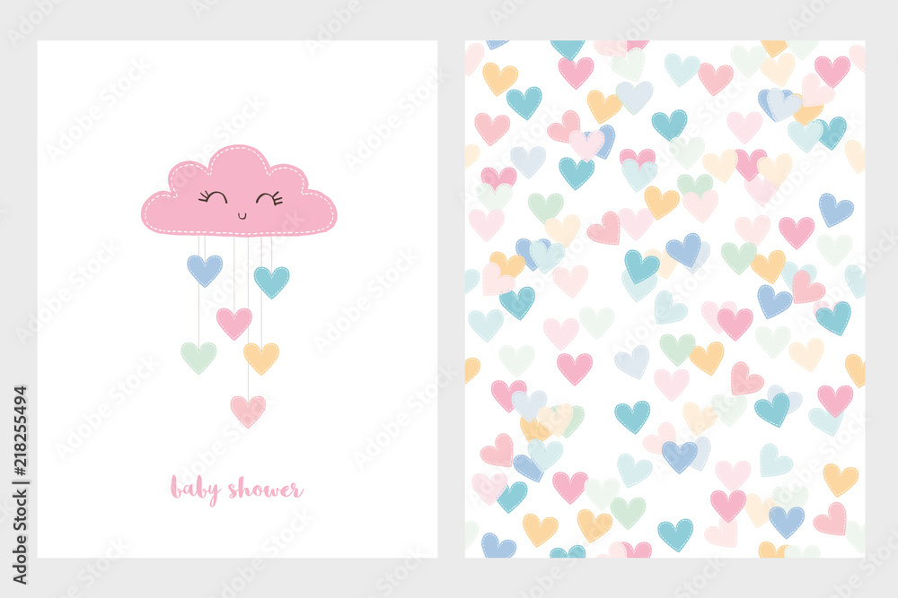 Set of Two Cute Vector Illustrations. Pink Smiling Cloud with Dropping Hearts. Pink Baby Shower Text. White Background. Colorful Bright Hearts Pattern. Set of Two Cute Vector Illustrations. Pink Smiling Cloud with Dropping Hearts. Pink Baby Shower Text. White Background. Colorful Bright Hearts Pattern.