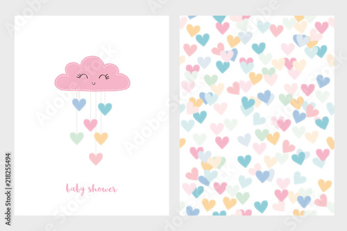Cute Vector Illustration Of Pink Smiling Cloud with Dropping Hearts. Baby Shower Card For Baby Girl. Seamless Pattern With Colorful Hearts On A White Background. 