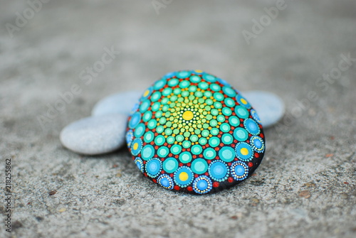 Dot Painted Hypnotizing Meditation Mandala Beach Stone