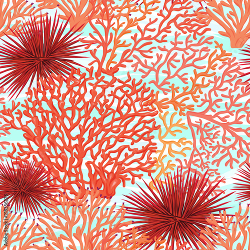Sea world seamless pattern, background with fish, corals and shells on blue sea background. Stock vector illustration.