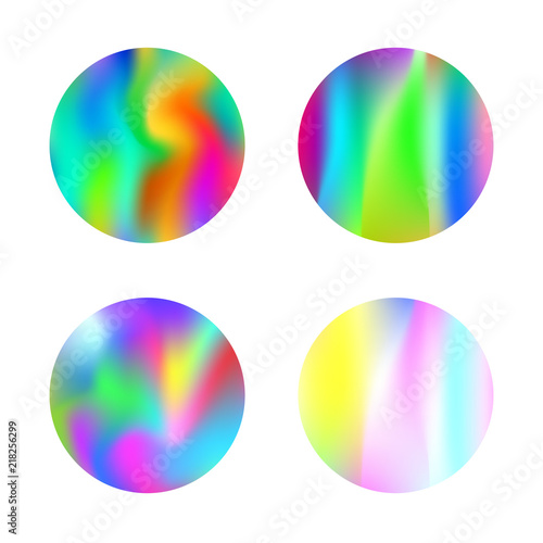 Gradient round set with holographic mesh. Trendy abstract gradient round set backdrops. 90s, 80s retro style. Iridescent graphic template for banner, flyer, cover, mobile interface, web app.