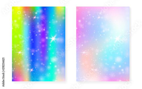 Rainbow background with kawaii princess gradient. Magic unicorn hologram. Holographic fairy set. Trendy fantasy cover. Rainbow background with sparkles and stars for cute girl party invitation.