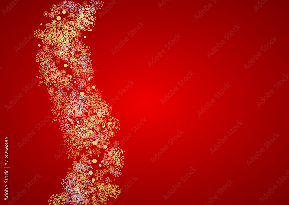 Christmas snow on red background. Glitter frame for winter banners, gift coupon, voucher, ads, party event. Santa Claus colors with golden Christmas snow. Horizontal falling snowflakes for holiday
