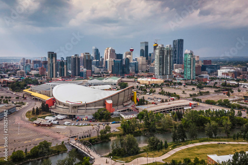 Aerial View of landmark buildings in Downtown Calgary, Alberta, Canada.