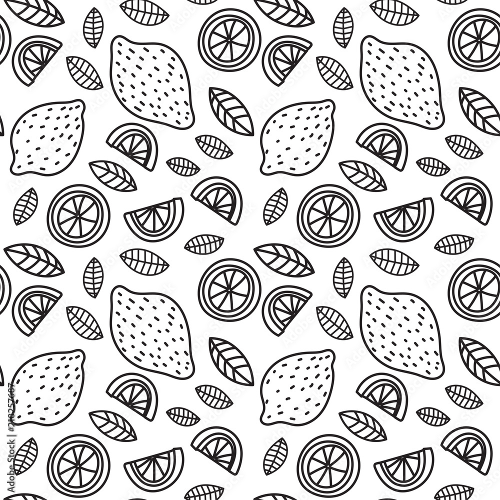 Lemon seamless pattern. Hand drawn fresh tropical citrus fruit. Vector sketch background. Doodle wallpaper. Print