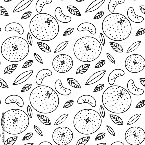 Mandarin seamless pattern. Vector tangerine. Hand drawn fresh tropical citrus fruit. Sketch background. Doodle wallpaper. Black and white print