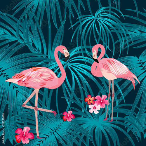 Tropical plant seamless pattern with flamingo, tropical leaves of palm tree.