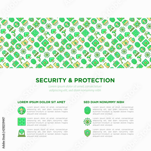 Security and protection concept with thin line icons: mobile security, fingerprint, badge, firewall, face ID, secure folder, surveillance camera, keyset, shredder. Modern vector illustration.