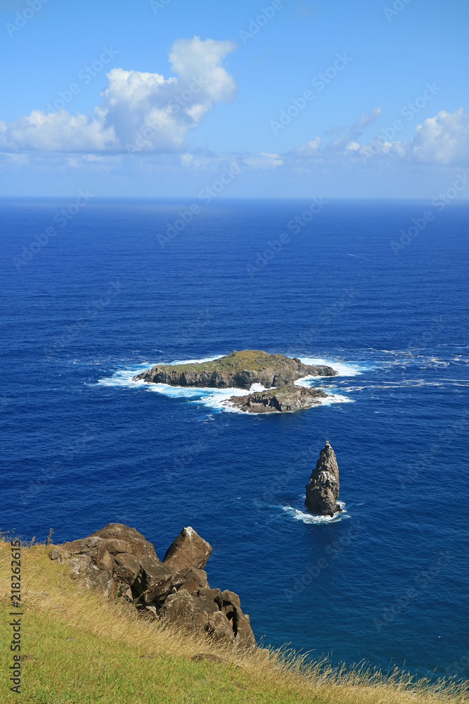 Vertical Photo of Motu Nui Island, with the smaller Motu Iti Island and the Motu Kao Kao Sea Stack as seen from Orongo Village on Easter Island, Chile