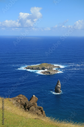 Vertical Photo of Motu Nui Island, with the smaller Motu Iti Island and the Motu Kao Kao Sea Stack as seen from Orongo Village on Easter Island, Chile photo