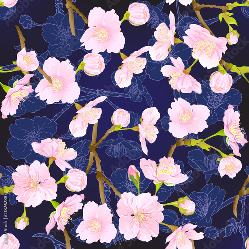 Seamless pattern  background with blooming cherry japanese sakura in soft rose pink colors. Stock vector  illustration. Isolated on dark blue background. Colored and outline pattern.