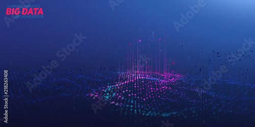 Vector abstract 3D big data visualization. Futuristic infographics aesthetic design. Visual information complexity. Intricate data threads plot. Social network or business analytics representation.