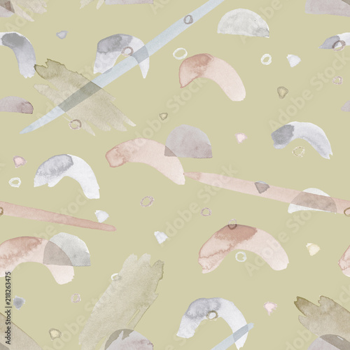 Beige seamless pattern illustration with watercolor blue, pink, gray and beige spots and blemishes. Will be good for decor a postcard, posters,gift decor, wrapping paper, gift boxes, fabric and etc.