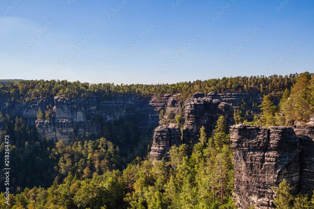 Sandsteinfelsen mit Bäumen und Wald Sandsteinfelsen mit Bäumen und Wald