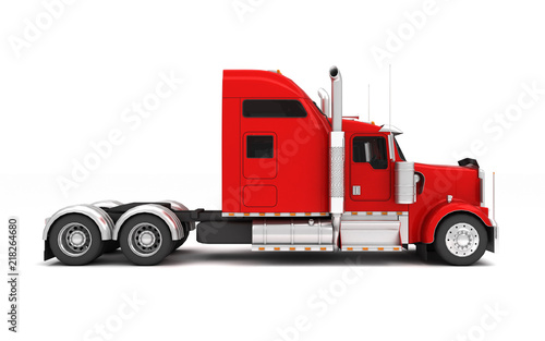 Logistics concept. American red Freightliner cargo truck without a container moving from left to right isolated on white background. Left side view. 3D illustration