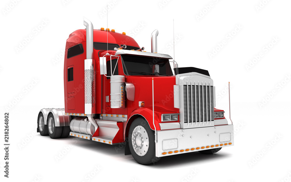 Logistics concept. American red Freightliner cargo truck without a container moving from left to right isolated on white background. Front perspective view. 3D illustration