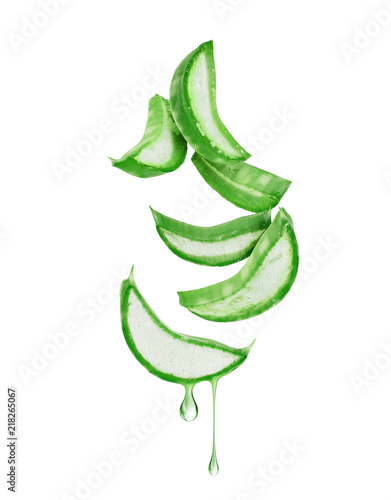 Thinly sliced stem of aloe vera with drops of juice photo