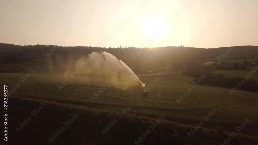 Aerial view and fly through of farm sprinkler spray at sunset. Aerial view and fly through of farm sprinkler spray at sunset.